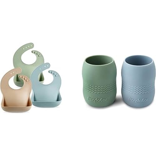 PandaEar Set of 3 Cute Silicone Baby Bibs & 2 Pack 100% Tiny Silicone Drinking Training Cup