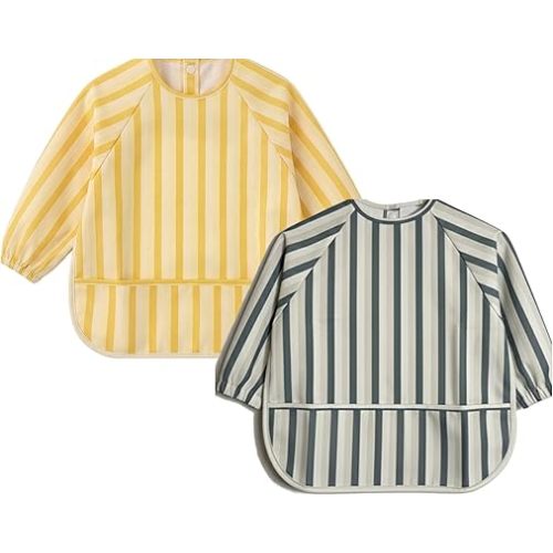 Long Sleeve Baby Bib – 2 Pack Waterproof Smock Bib for baby boys and girls from 6-24 Months - Premium Quality - BLW supplies – Washable, Scratch-Free, Extra Soft Made from Recycled Materials.