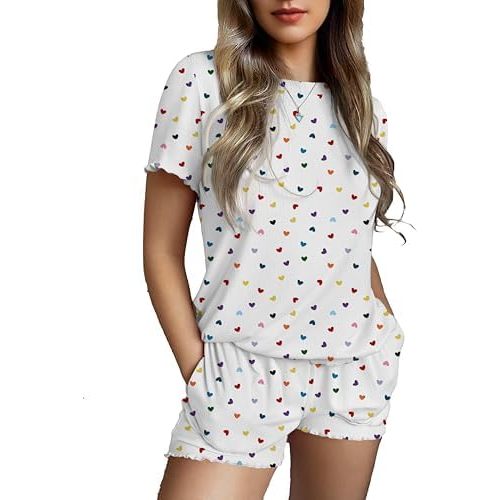 Ekouaer Womens Pajamas 2 Piece Ribbed Knit Pjs Short Sleeve Sleepwear Set Summer Soft Pajamas Set Casual Lounge Sets