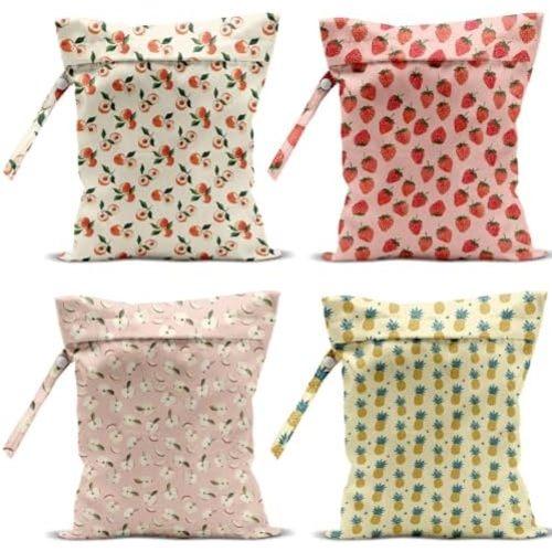 4 Pack Cute Fruit Wet Bag Waterproof Washable Reusable Wet Dry Bag for Swimsuit Clothes Cloth Diaper Travel Beach Pool Yoga Gym Toiletries Travel Beach Essentials Strawberry Pineapples