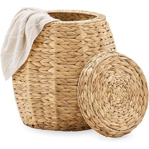 Round Wicker Basket with Lid, Handwoven Hyacinth Storage Basket, Blanket Organizer Basket for Laundry, Bathroom, Bedroom, Living Room, Office