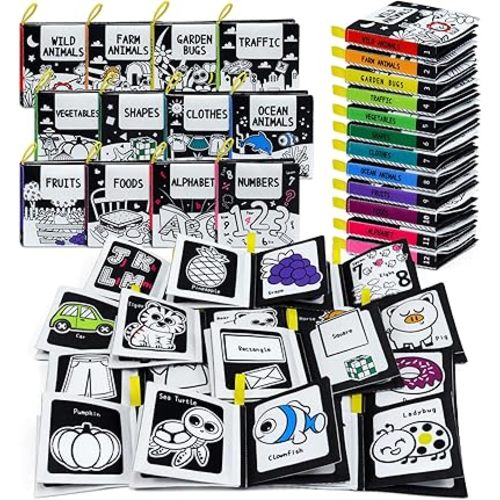 OKOOKO Soft Baby Books Black and White High Contrast 12PCS Soft Cloth Books Bath Books Crinkle Washable Non-Toxic Early Education Preschool Learning Toy for Newborns Babies Infants Toddlers Kids