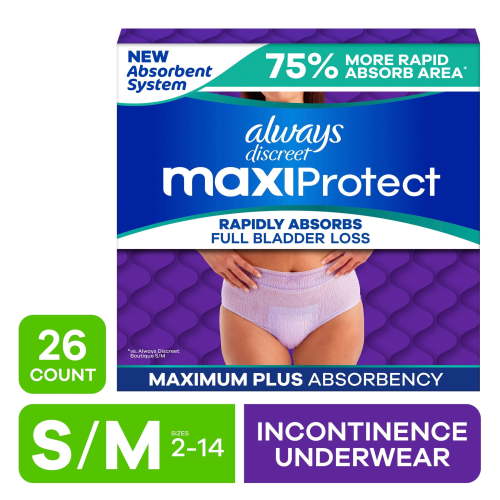 Always Discreet Adult Diapers for Women, MaxiProtect, Incontinence Underwear, Maximum Plus Absorbency, Size S/M, 26 Count