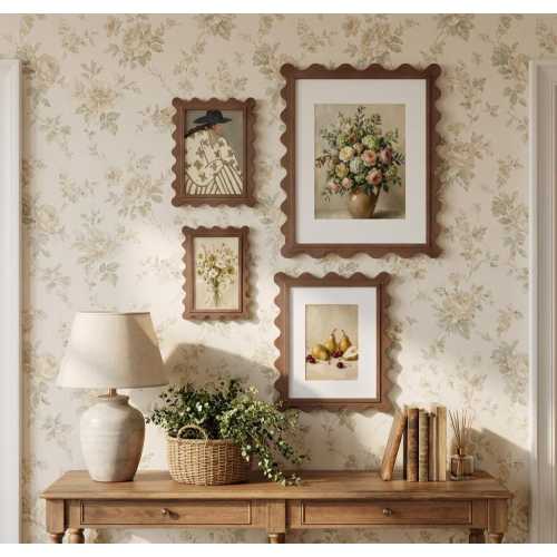 Wavy Edge Walnut Finish Wood Picture Frame, Eclectic Wall Decor, Retro Wall Art Decor, Natural Wood Grain Gallery Wall for 5x7 4x6 8x10