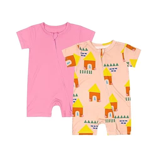 Unisex Baby 2 Pack Bamboo Viscose Pajamas 2 Way Zipper Short Sleeve Romper | Baby Boys Baby Girls Jumpsuit Sleep and Play Soild Printing