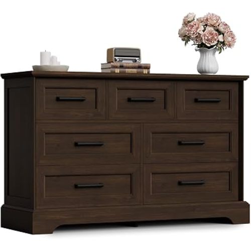 Furmax Farmhouse Dresser for Bedroom, 7 Drawers Dresser, Wood Chest of Drawers, 47.5" Wide Storage Dressers Organizer for Bedroom, Living Room, Dark Brown