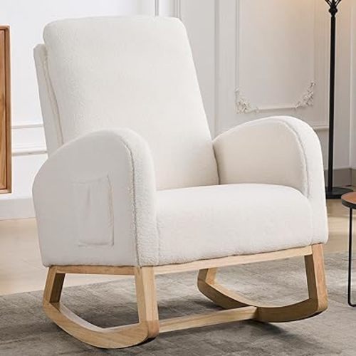 Chifee & Vingol Rocking Chair Nursery Sherpa Boucle Nursing Glider Rocker Chair, Teddy White