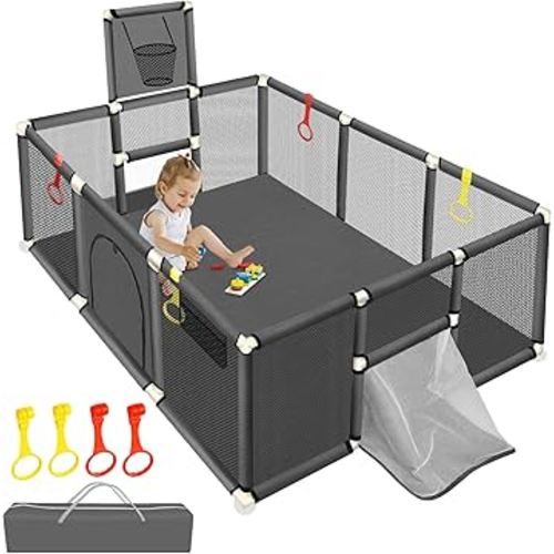 Large Baby Playpen 74''×50'', Play Pen Playards for Babies Toddlers, Ball Pit with Basketball Hoop & Soccer Nets, Kids Activity Fence Play Yard with Anti-Slip Base & Soft Breathable Mesh (Dark Grey)