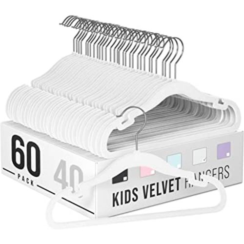 Clothes Baby Hangers for Closets - Unique Notches for Non Slip. Heavy-Duty Velvet Kids & Toddler Hangers for Closet | Ultra Thin Design for Space Saving. Ganchos De Ropa para Bebe (60 Pack White)
