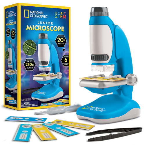 National Geographic Junior Microscope Science Kit with Up to 250x Magnification, Detachable Eyepiece, Prepared & Blank Slides & More