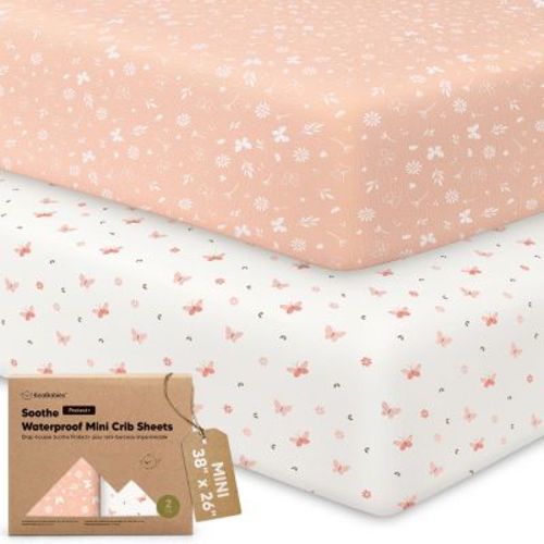 KeaBabies 2pk Soothe Waterproof Fitted Mini Crib Sheets for Girl, Boy, 100% Organic Soft Cotton Pack and Play Sheets (Butterflies)