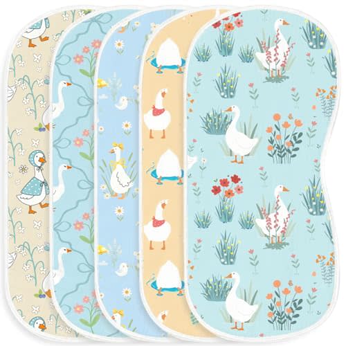 5pcs Goose Burp Cloths for Baby Boys Parent,100% Cotton White Geese Themed Design Burp Rags, Soft Breathable Muslin Burping Cloths Absorbent Spit-Up Cloths for Infant Newborns