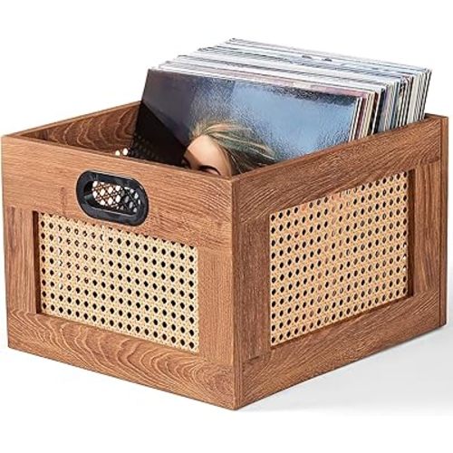LELELINKY Vinyl Record Storage Crate, Rattan Vinyl Record Holder with Handle, Wood Record Crate for Vinyls Holder up to 75 LP's, Desktop Cube Album Storage for Vinyls Records(Tea Brown)
