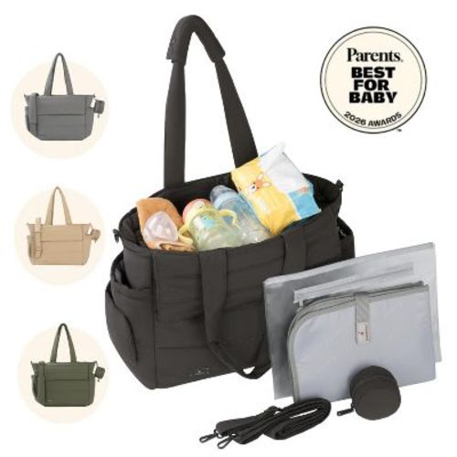 BabbleRoo Puffer Flo Tote Diaper Bag Chic Quilted Overnighter Baby Care Organizer Shoulder Bag, Black