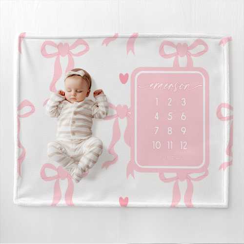 Personalized Coquette Girl Month Blanket Pink Bow Milestone Bow Milestone Newborn Girl Girl Baby Shower Gift Coquette Aesthetic New Mom Gift