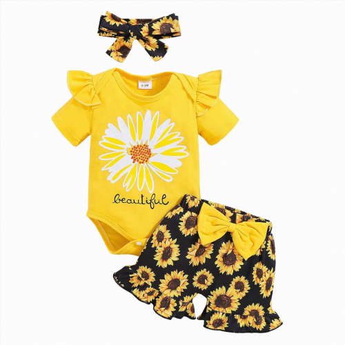 Leey-World Baby Girl Clothes Summer Outfits Newborn Romper Ruffle Sleeve Infant Flower Shorts with Bow Headband Set 0-18 Months(Yellow,9-12 Months)
