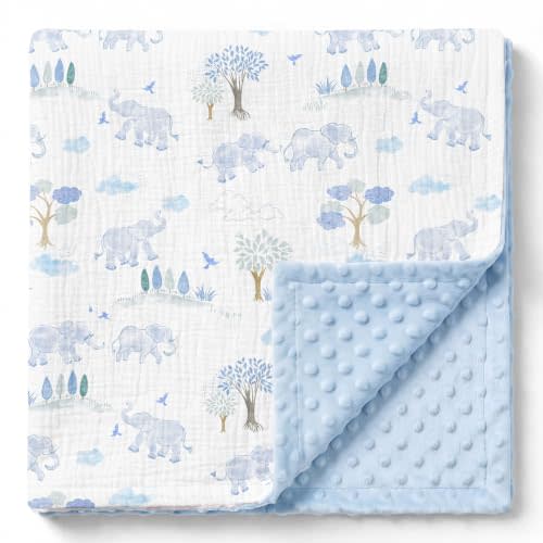 GLLQUEN BABY Muslin Baby Blankets for Boys & Girls, 2-Layer Toddler Blanket | Cotton Top with Dotted Fleece Back, Soft Receiving Blanket for Nursery Stroller Crib, 30''x40'', Blue Elephant
