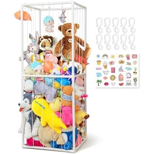 63'' Large Stuffed Animal Storage Organizer, Sturdy 1.8mm PVC Toy Holder with Elastic Bands, 10 Hooks & Sticker for Nursery and Playroom