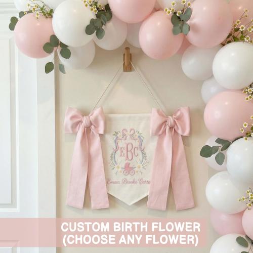 Custom Baby Banner, Embroidered Monogram Bow Banner, Baby Announcement Banner, Custom Baby Name, Baby Shower Gift, Custom Birthday Flower