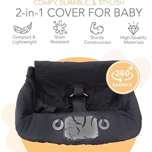 2-in-1 Cushy High Chair Cover and Shopping Cart Cover for Baby, Comfortable Cover for Grocery Cart, Universal Fit Cart Cover for Babies, Includes Storage Pouch - Black