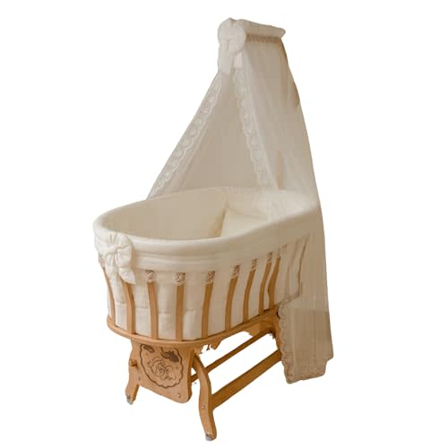 Natural Beech Wood Canopy Cradle with Cream French Lace Textile Set, Rocking & Locking Design, Complete Set with Mattress, Bedding, Pillow and Mosquito Net-37.8"×27.5"×59"