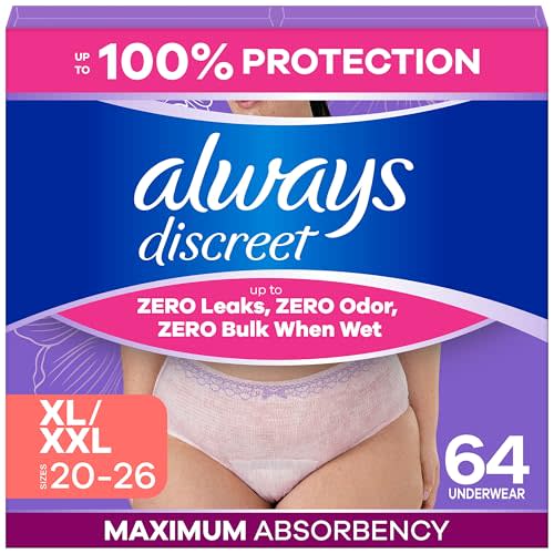 Always Discreet Adult Diapers for Women, Incontinence Underwear, Postpartum Essentials, Disposable Briefs, Max Absorbency, Bladder Leak Protection, Extra Large/XL, 64ct