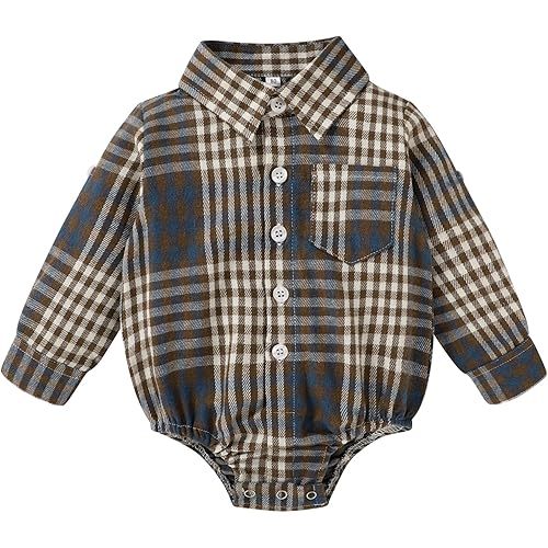 HAPPYMA Newborn Baby Boy Girls Plaid Outfit Flannel Romper Tops Infant Long Sleeve Button Down Plaid Casual Bodysuit Clothes