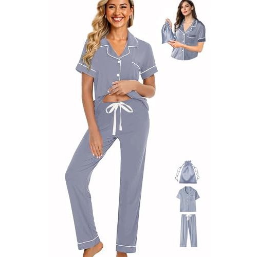 WJing Yi Jia Womens 3Pcs Pajamas Set Soft Pajama Sets Button Down Pjs Set Knit Sleepwear Lounge Sets with Long Pants XS-XXL