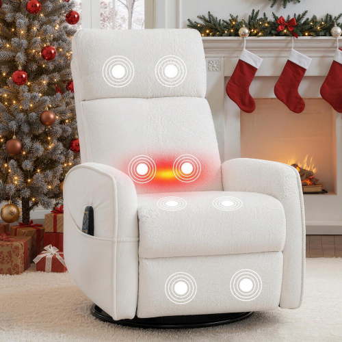 PAPROOS Swivel Rocker Recliner, Velvet 360°Swivel Rocking Chair with Massage and Heat, Glider Rocking Recliner for Nursery, Small Rocker Chair Manual Recliner for Home Theater Living Room, White