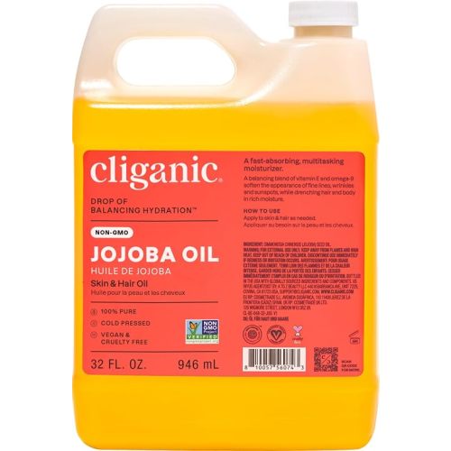 Cliganic Non-GMO Jojoba Oil Bulk 32oz, 100% Pure - Natural Cold Pressed Unrefined Hexane Free Oil for Hair & Face