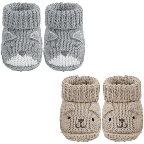 Newborn Knit Booties Soft Baby Sock Boots for Infant Boys Girls First Walkers 2 Pairs, 0-3 Months