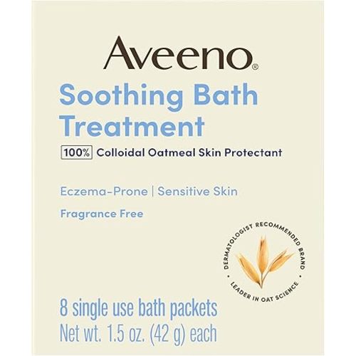 Aveeno Soothing Bath Treatment with 100% Colloidal Oatmeal Skin Protectant for Sensitive & Eczema-Prone Skin, Fragrance-Free Bath Soak Relieves Itchy, Irritated Skin, Individual Packets, 8 ct