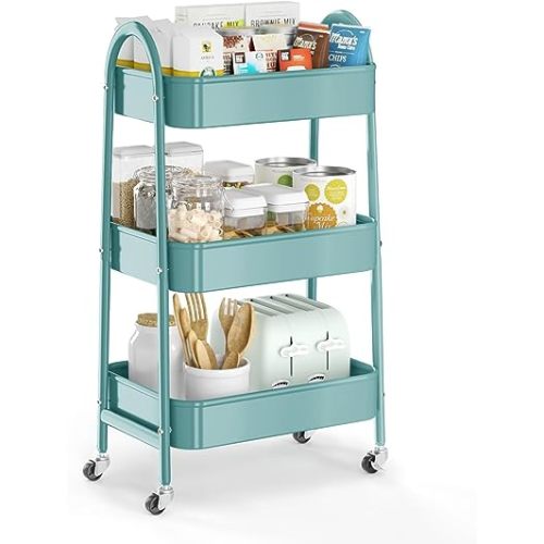 EAGMAK 3 Tier Utility Rolling Cart, Metal Storage Cart with Handle and Lockable Wheels, Multifunctional Storage Organizer Trolley with Mesh Baskets for Kitchen, Living Room, Office, Garage (Green)