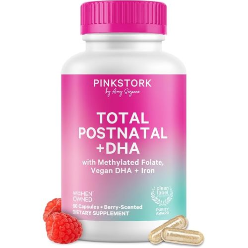 Pink Stork Total Postnatal Vitamins for Women, 60 Capsules, Berry | Clean Label Award, Vegan Algae DHA, No Fishy Burps, Methylated Folate, Iron, Gentle on Stomach, Postpartum + Lactation