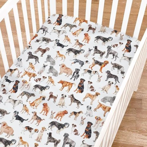 Watercolor Dogs Fitted Baby Crib Sheet for Girl Boy 52"x28" Dog Breeds Soft Breathable Crib Mattress Covers Dogs Lovers Gift Baby Bed Sheets for Standard Crib and Toddler Mattress