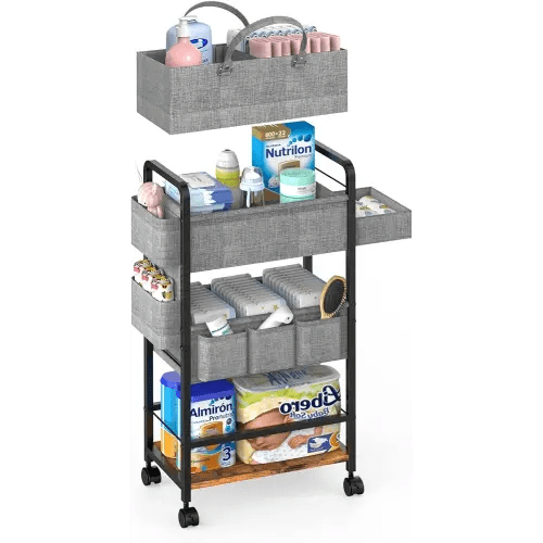 2In1 Baby Diaper Caddy & 4-Tier Diaper Cart Organizer With Wheels, Rolling Cart with Dividers & Dust-proof Drawer, Metal Detachable Bedside Cart for Nursery Essentials Storage, Large Capacity