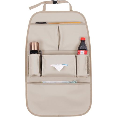 Car Backseat Organizer for Kids, Car Back Seat Storage Bag With 3 Pockets, 2 Drinks Holders, Water Resistant, Kids Toy Storage Kick Mat Back Seat Protector for Toddlers (Beige 1-Pack)