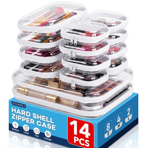 14 Pack Clear Hard Shell Zipper Case, Crush-Proof Diaper Organizer Pouches | Plastic Hard Sided Zippers Pouches, Toiletry Pouch, Waterproof Travel Cosmetic Bag, Toy Storage Bins, (2L, 4M, 8S)