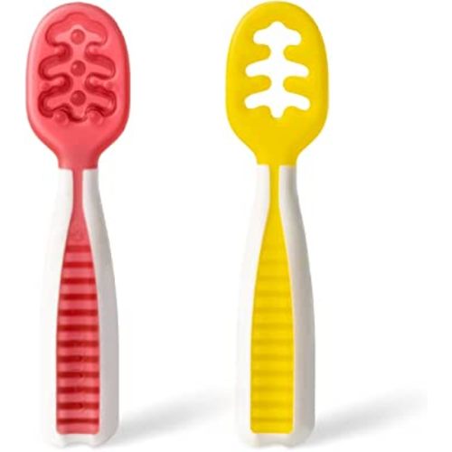 NumNum Pre-Spoon GOOtensils | Baby Spoon Set (Stage 1 + Stage 2) | BPA Free Silicone Self Feeding Toddler Utensils | For Kids Ages 6 Months+, 1-Pack, 2 Spoons, Raspberry Red/Sunshine Yellow
