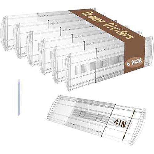 6 Pack Adjustable Drawer Dividers for Clothes,4" High Expandable From 13-21" Clear Drawer Organizers, PC Plastic Separators for Dresser/Bedroom/Bathroom/Kitchen/Office Storage