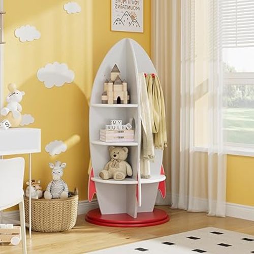 Rocket Kids Bookshelf, Space Themed Toy Storage Organizer with Coat Hooks, 360° Rotating Children's Furniture Bookcase for Playroom, Bedroom, Nursery