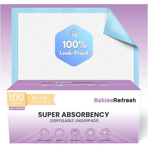 100 Count Super Absorbency Small 17” x 13” Disposable Underpads, Leakproof Quick Drying for Multi-use for Babies, Puppy Pads and Adults, Chucks, Disposable Diaper Changing Pad for Baby, Blue