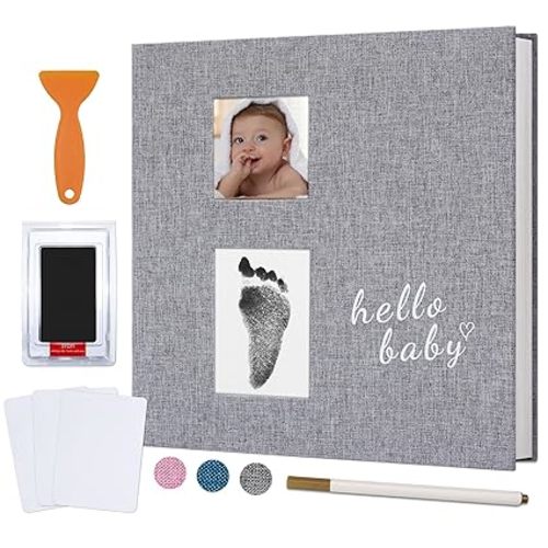 Vienrose Baby Photo Album Self Adhesive Memory Book 4x6 Magnetic Scrapbook Kit with Clean-Touch Ink Pad Handprint Footprint and A Metallic Pen for Boy/Girl 2 Windows 40 Pages Grey