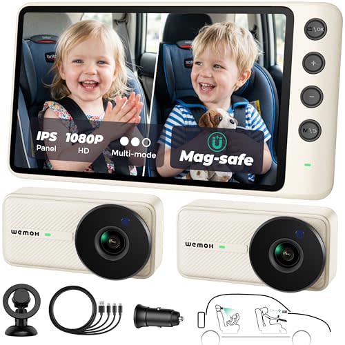 Magnetic Double Car Camera for 2 Baby with 1080P IPS Monitor, White | Auto Night Vision | Magnetic Quick Setup | USB C Powered | Split/Zoom/Mirror Modes | Keep Your Rear-Facing Baby Safe