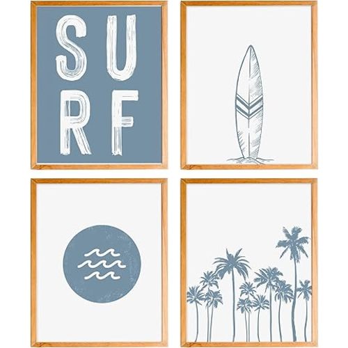 BearCake Coastal Summer Beach Surfing Wall Art Set of 4, Surf Room Decor, Beachy Room Decor Aesthetic, Coastal Wall Decor, Nautical Wall Art Decor, Coastal Beach House Decor, 8x10 Inches
