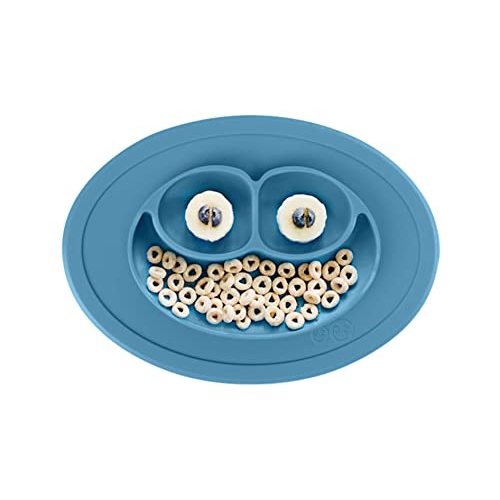 ezpz Mini Mat (Blue) - 100% Silicone Suction Plate with Built-in Placemat for Infants + Toddlers - First Foods + Self-Feeding - Comes with a Reusable Travel Bag