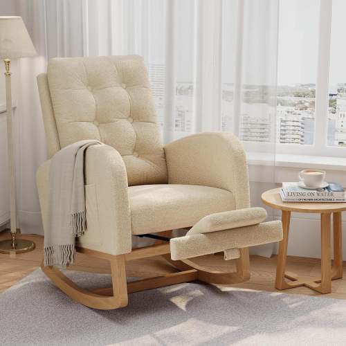 Garvee Modern Nursery Rocking Chair Upholstered Glider with High Back and Padded Seat Comfy Rocking Accent Armchair with Side Pocket for Living Room or Bedroom With Footrest Beige