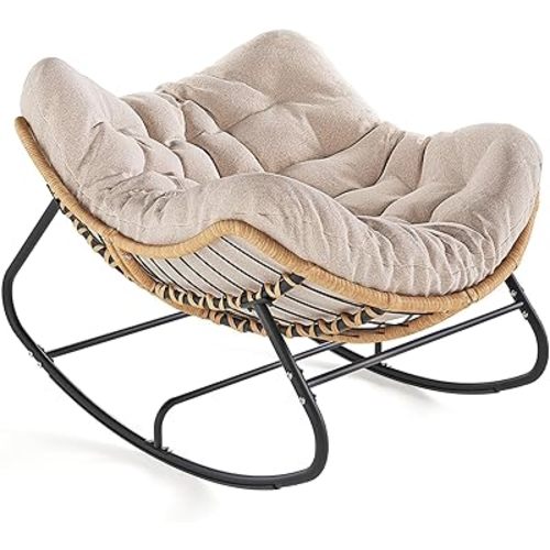 SWITTE Outdoor Rocking Chair, Oversized Patio Papasan Rocker, Comfy Wicker Reading Lounge, Indoor Egg Chair for Bedroom, Living Room, Porch, Garden, Lawn-Cream