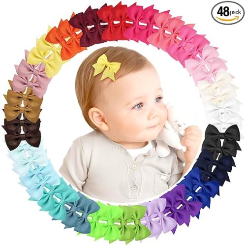 48PCS 2inch Hair Clips, OAOLEER Fully Lined Bows Hair Pins Tiny Alligator Clips for Girls Infants Toddlers 24 Colors in Pairs (Style A-48pcs)