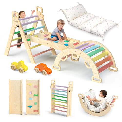 BlueWood Pikler Triangle Set with Cushion - Climbing Toys for Toddlers 9-in-1, Montessori Philosophy Play Jungle Gym with Arch, Ramp, Ladder (Rainbow)